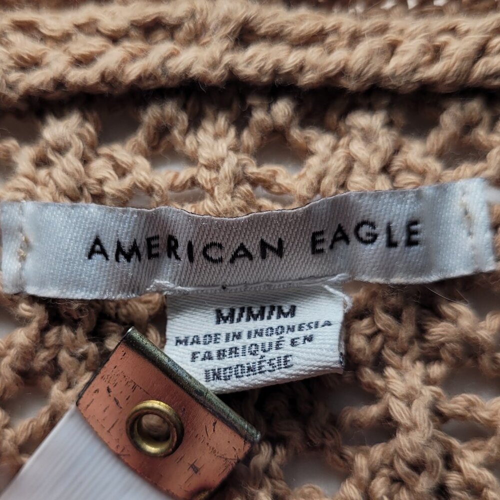 American Eagle Tan Crochet Knit Stitched Cardigan Sweater Medium Boho - Picture 8 of 11